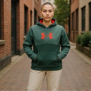 UNDER ARMOUR Men's Loose Fit Olive Green Hoodie With Orange Chest Logo Sz Md/M